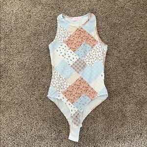 Pink Lily Geometric Blue and Brown Bodysuit Top